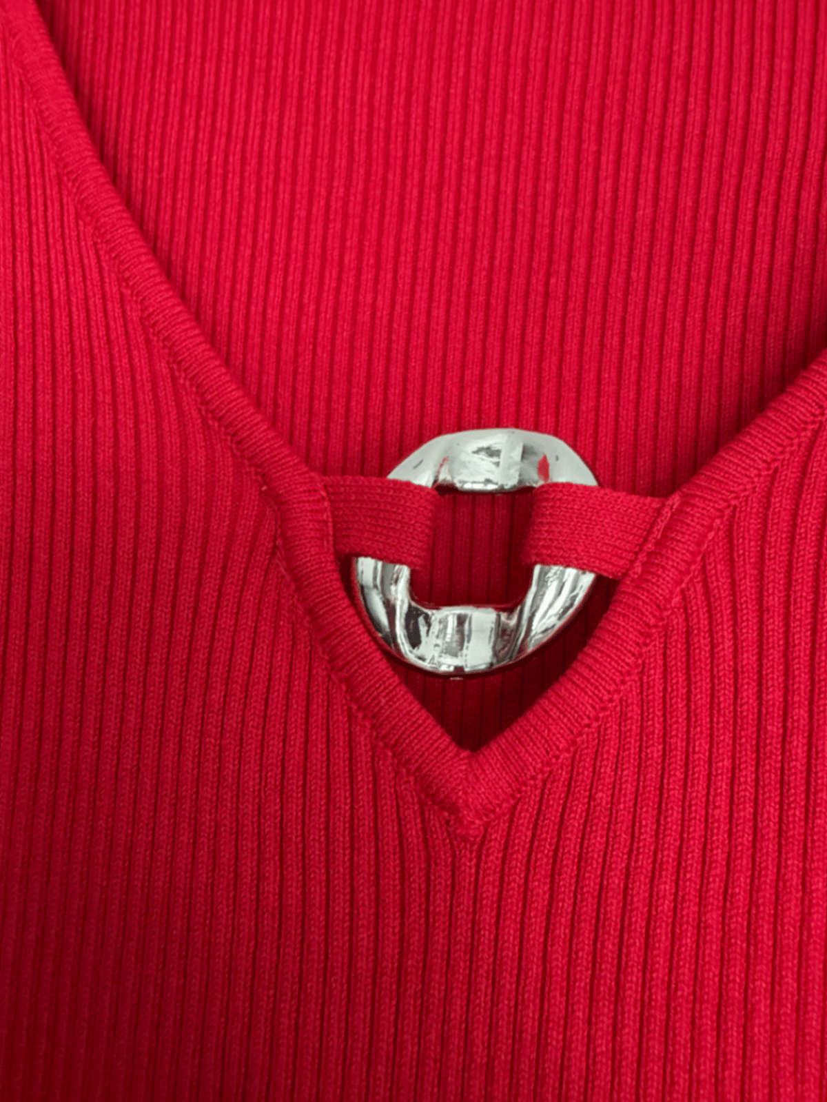 Red Ribbed V-Neck Ring Top - photo 4