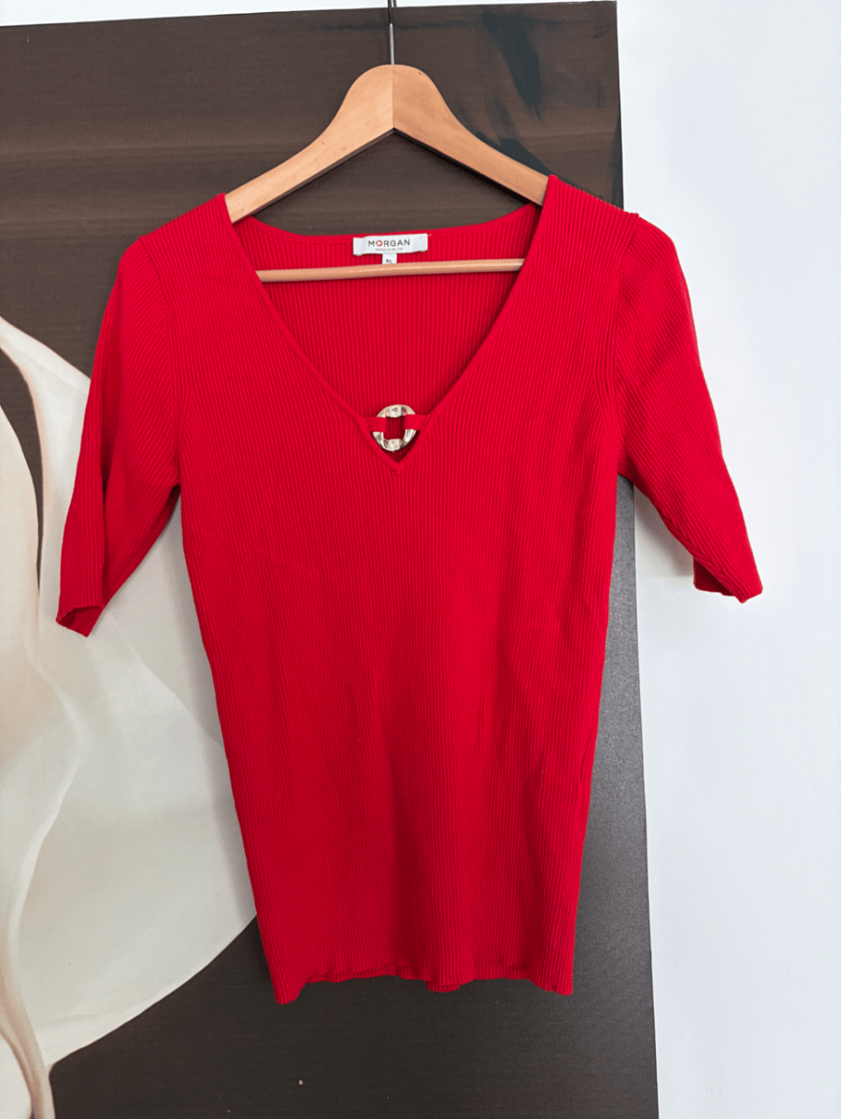 Red Ribbed V-Neck Ring Top - photo 2