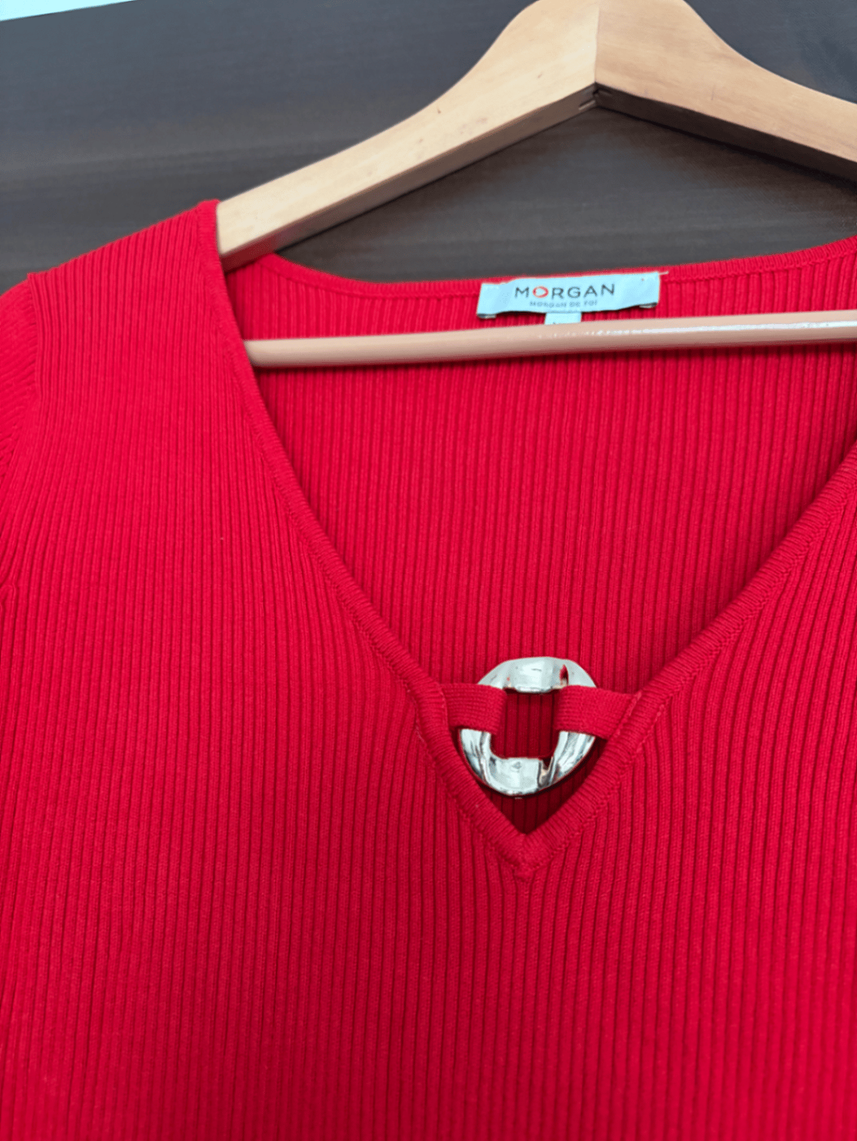 Red Ribbed V-Neck Ring Top - photo 3