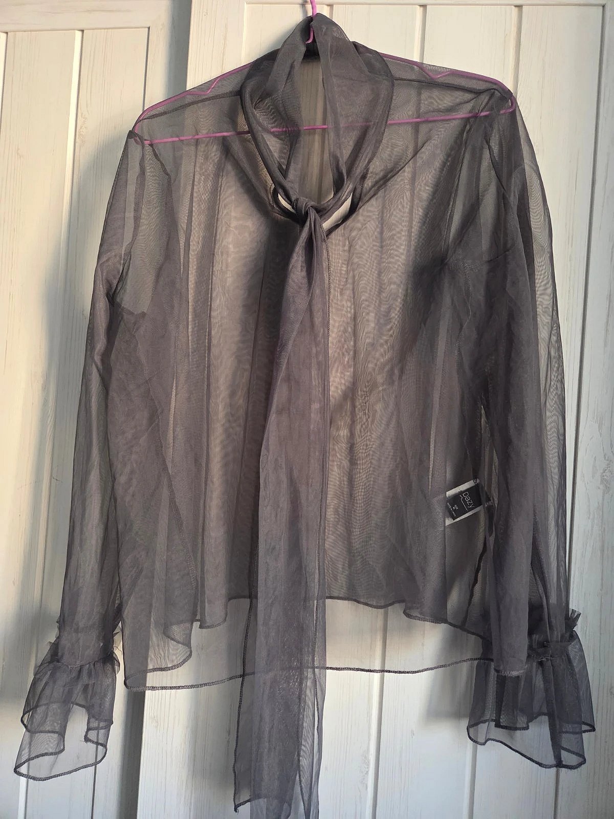Sheer grey tie-neck blouse, photo 2