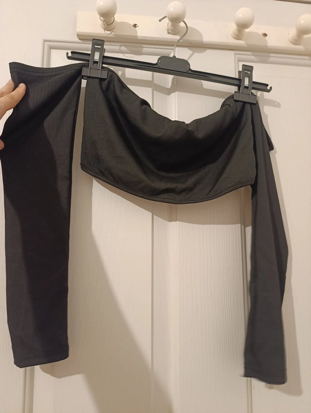 Black ribbed bardot long-sleeve top, photo 2