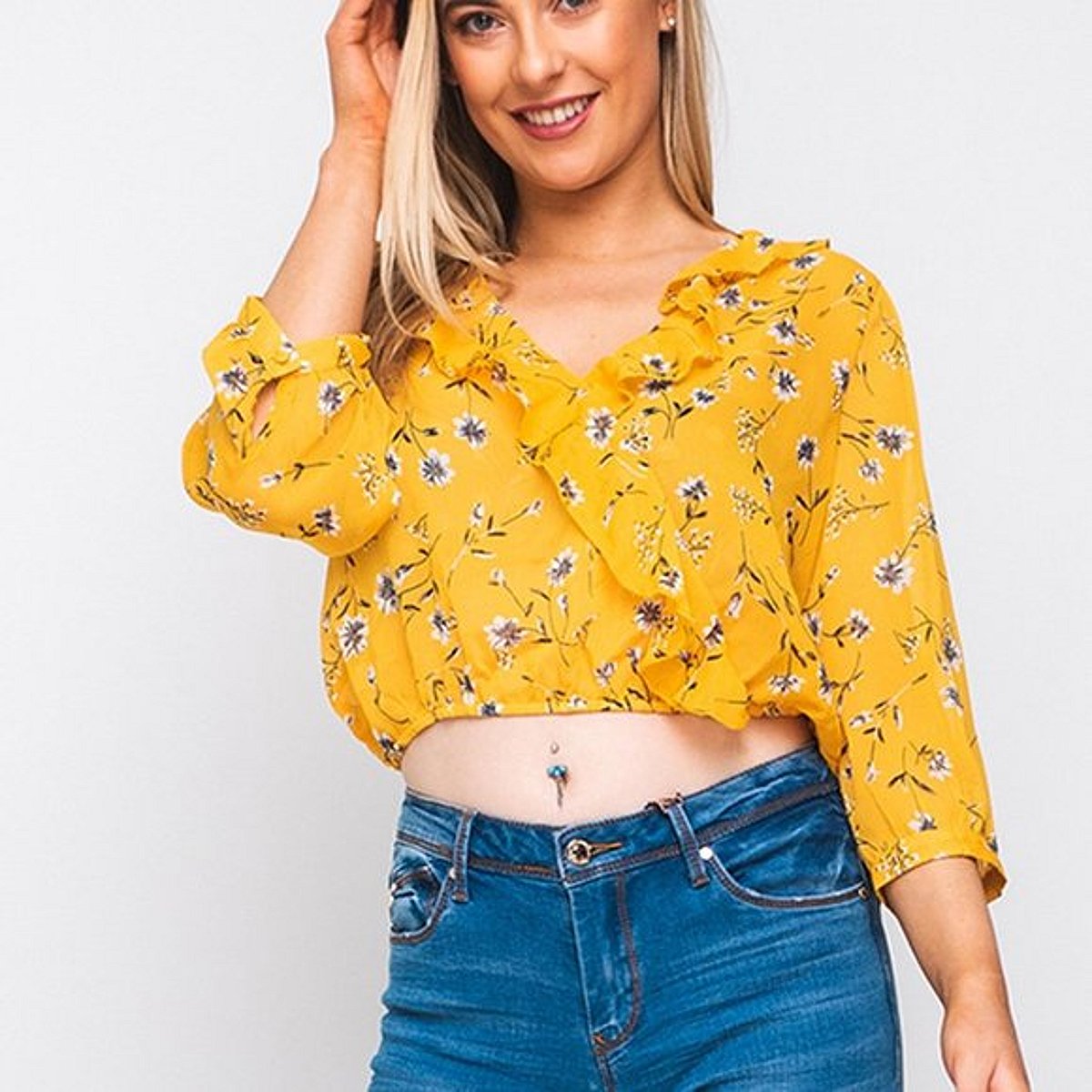 Yellow floral ruffle crop top, photo 2