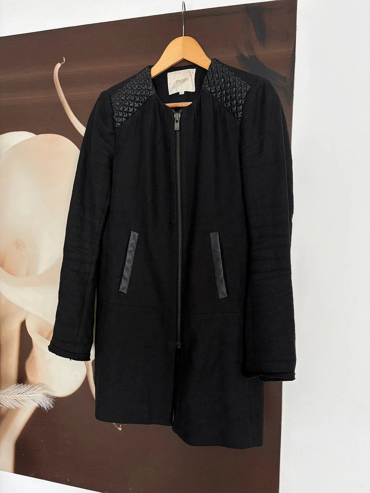 Maje Quilted Shoulder Black Coat, photo 4