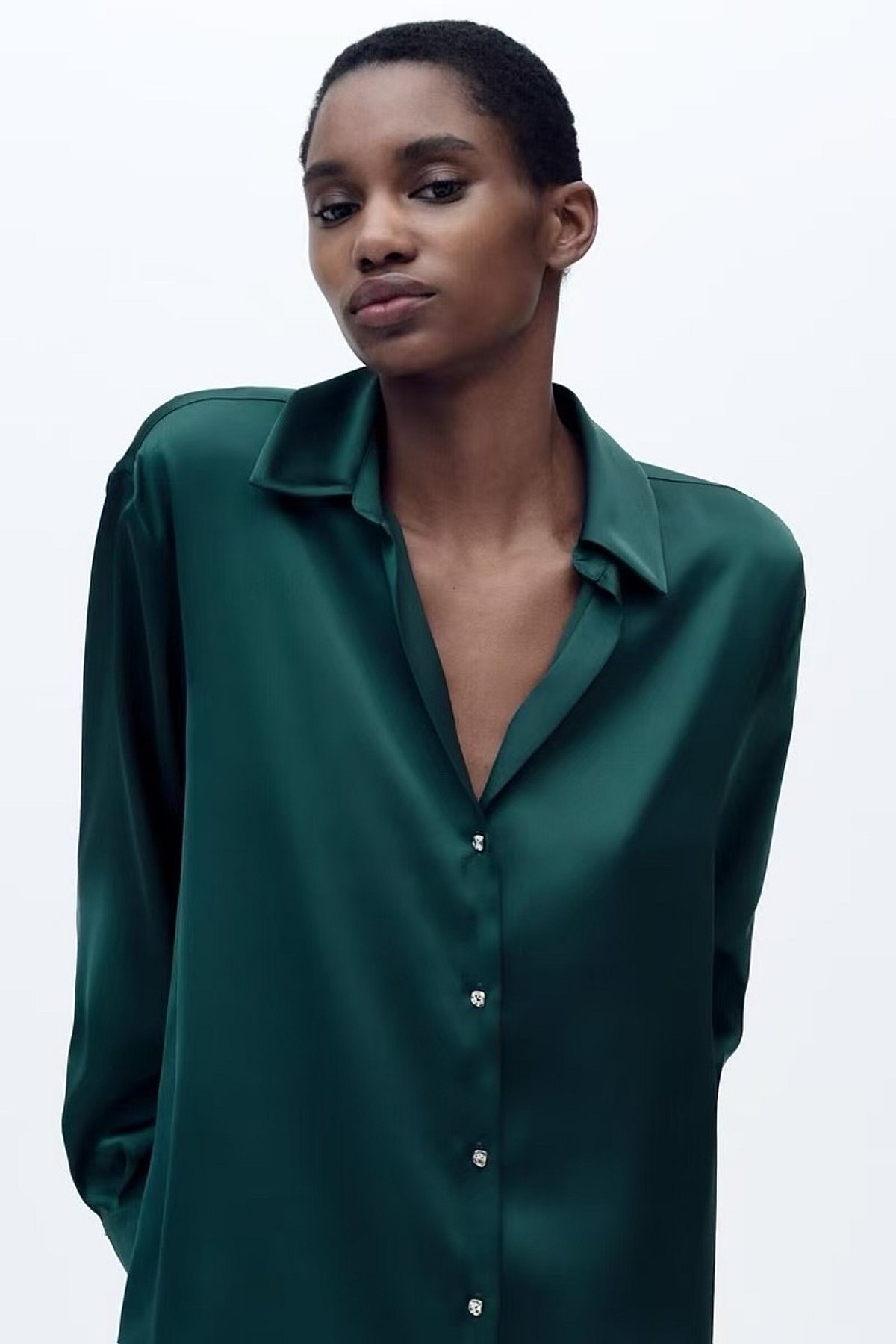 Zara Emerald Green Satin Button Shirt, photo 3