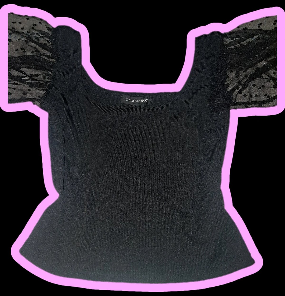 New Look Black Ribbed Crop Top with Sheer Swiss Dot Sleeves, photo 2