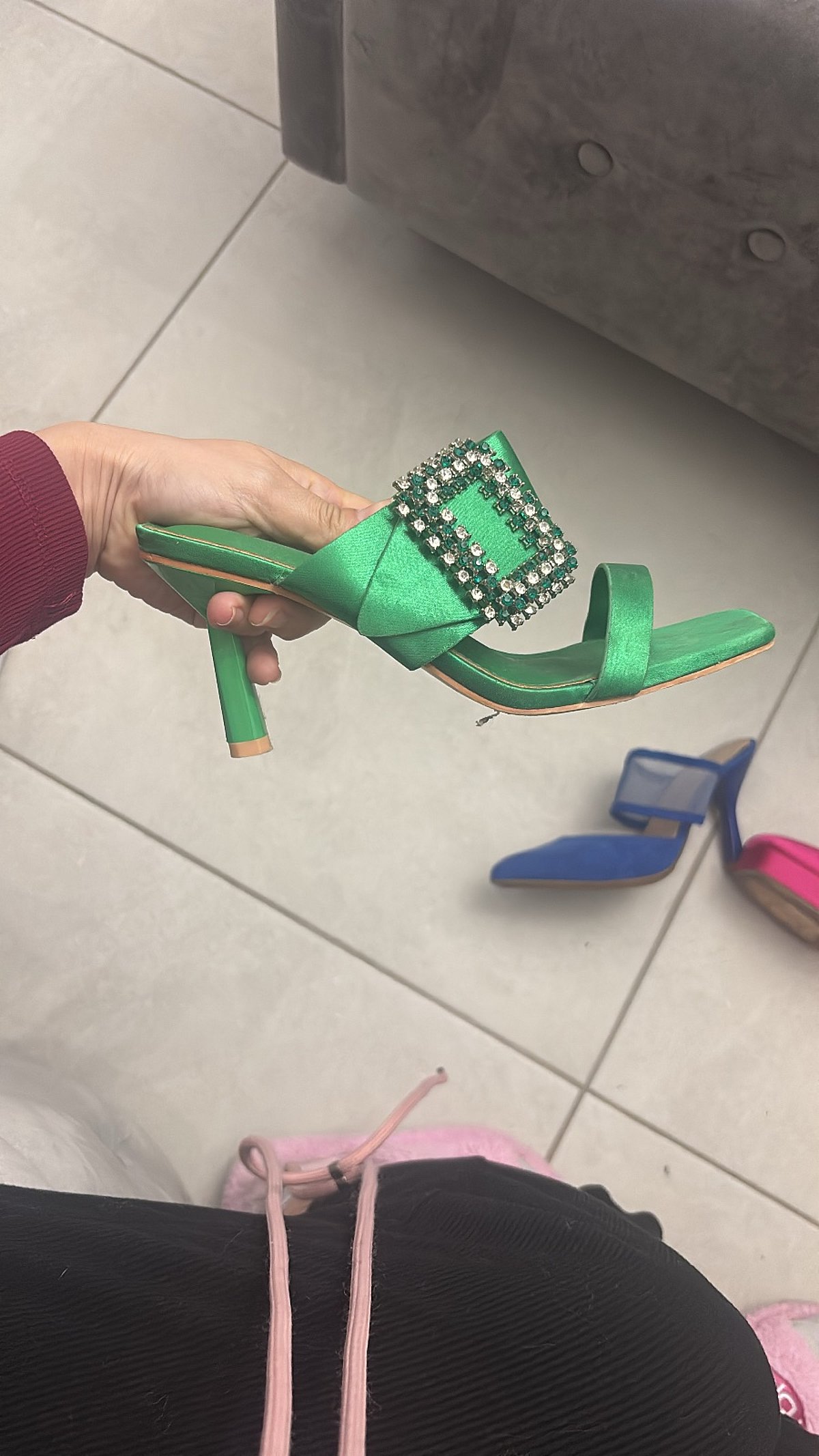 Green Satin Rhinestone Mule Heels, photo 2
