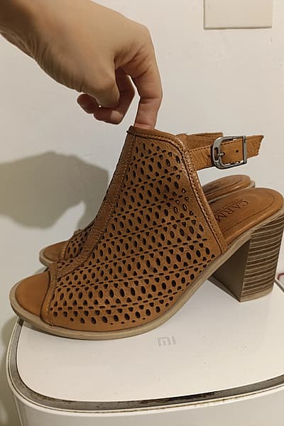 Tan leather laser-cut sandals by Carmela — pre-loved on Thrifted.mt