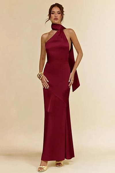 Burgundy Satin Halter Gown — pre-loved on Thrifted.mt