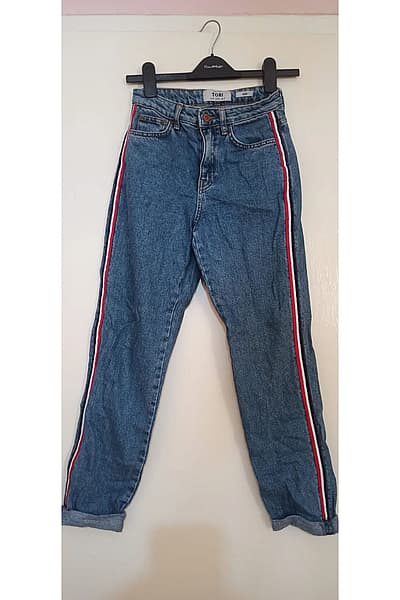 New Look Tori Mom Jeans with Red, White and Blue Stripe (UK6, EU34) by New Look — pre-loved on Thrifted.mt