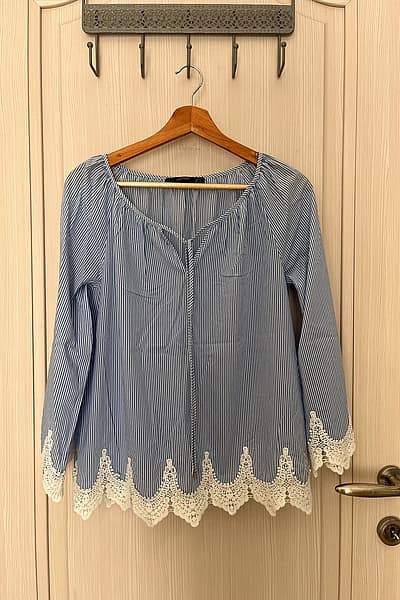 Striped Blue and White Blouse by Hallhuber — pre-loved on Thrifted.mt