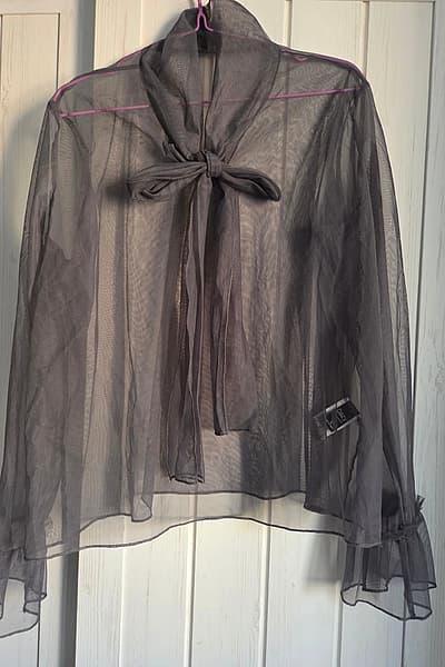 Sheer grey tie-neck blouse — pre-loved on Thrifted.mt