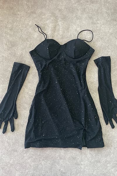 Black Shimmer Mini Dress + Gloves — pre-loved on Thrifted.mt