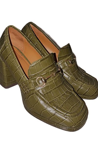 Sezane Croc Green Heeled Horsebit Loafers Vintage 90s Inspired by Sezane — pre-loved on Thrifted.mt