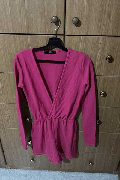 Missguided Long Sleeve V-Neck Pink Playsuit by Missguided — pre-loved on Thrifted.mt
