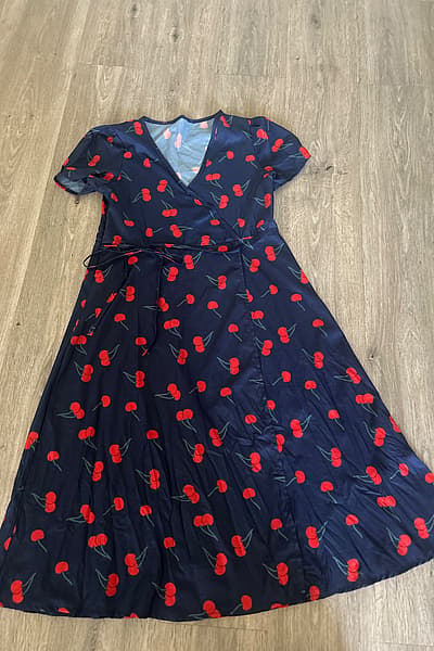 Navy Cherry Print Wrap Dress — pre-loved on Thrifted.mt