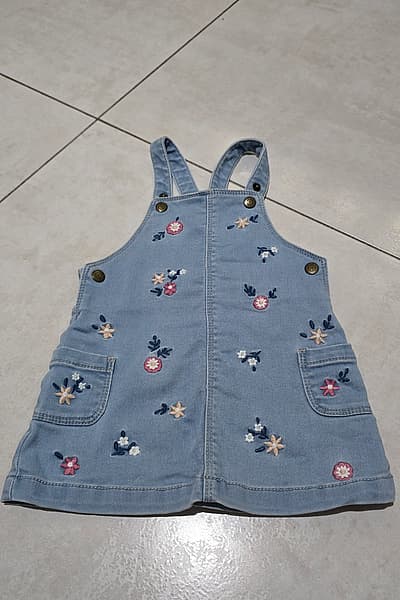 Embroidered Floral Denim Pinafore Dress by nextenso — pre-loved on Thrifted.mt