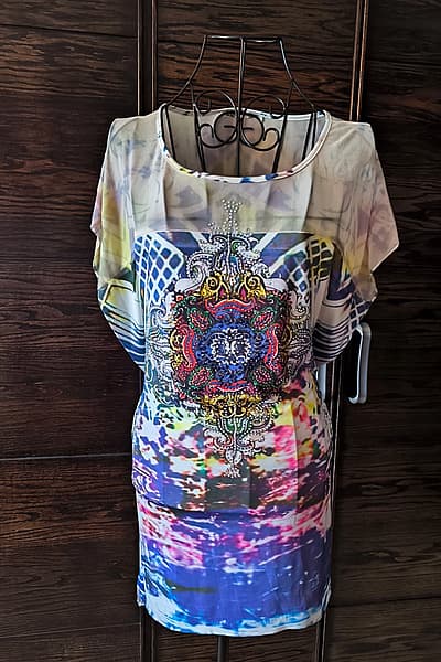 Multicoloured patterned embellished tunic top by MVS Paris — pre-loved on Thrifted.mt