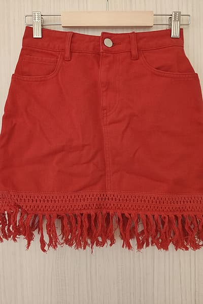Red Denim Fringed Mini Skirt by Miss Selfridge  — pre-loved on Thrifted.mt