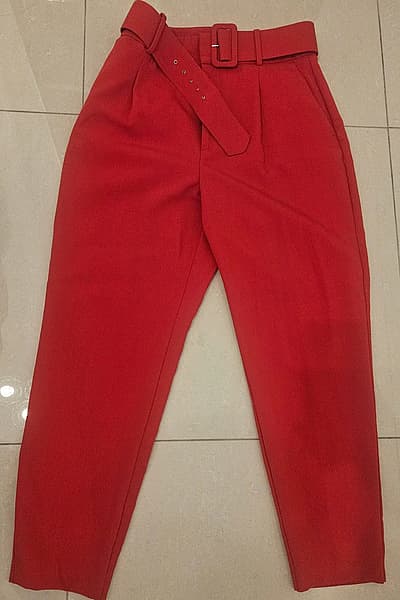 Red High-Waisted Belted Trousers by Zara — pre-loved on Thrifted.mt