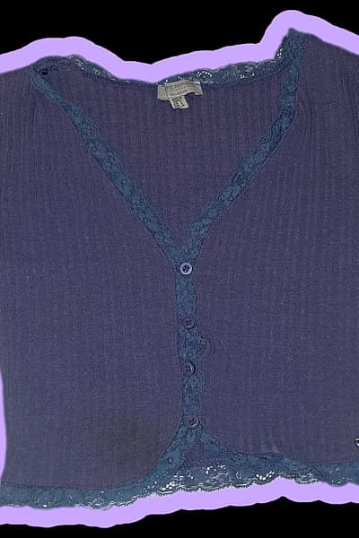 Y2K Purple Ribbed Lace Knit Crop top Cardigan- Pull & Bear S by Pull&Bear — pre-loved on Thrifted.mt