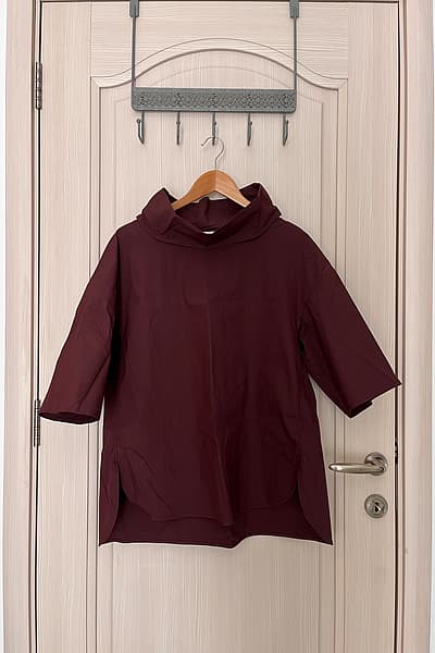 COS Burgundy High Neck Short Sleeve Top by COS — pre-loved on Thrifted.mt