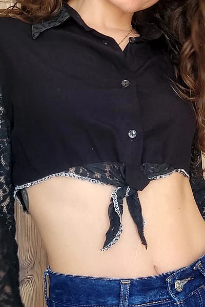 90's Sisley Black Lace Sleeve Cropped Shirt by Sisley — pre-loved on Thrifted.mt