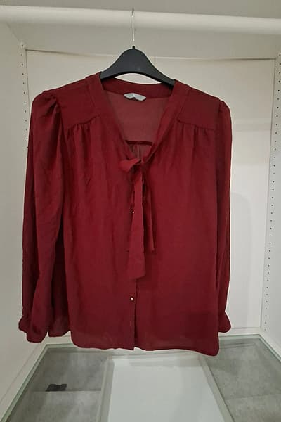 Burgundy tie-neck long sleeve blouse by BHS — pre-loved on Thrifted.mt
