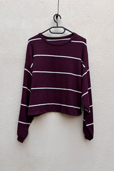 Burgundy Batwing White Striped Jumper — pre-loved on Thrifted.mt