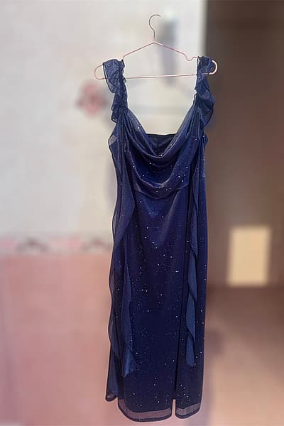 Cider MESH COWL NECK SOLID SEQUIN RUFFLE HEM MAXI DRESS CURVE & PLUS by Cider — pre-loved on Thrifted.mt