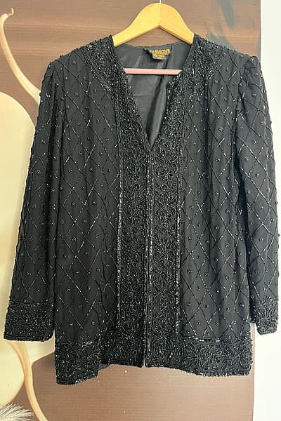 Black Beaded Silk Evening Jacket by Hi Fashions of California — pre-loved on Thrifted.mt