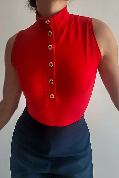 Red Sleeveless Collared Bodysuit with nautical buttons by L'Officina Della Moda — pre-loved on Thrifted.mt