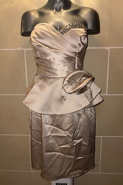 Champagne Satin Peplum Formal Dress EU42 by Miss Trend — pre-loved on Thrifted.mt