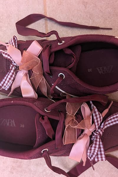 Zara Burgundy Ribbon Lace Trainers EU38 by Zara — pre-loved on Thrifted.mt