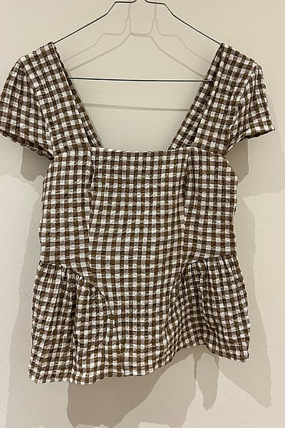 M&S Brown Gingham Peplum Top by M&S — pre-loved on Thrifted.mt