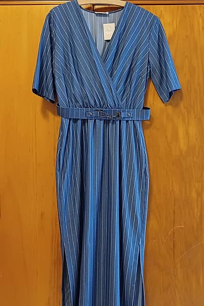 Striped belted denim wrap dress by Fiorita — pre-loved on Thrifted.mt