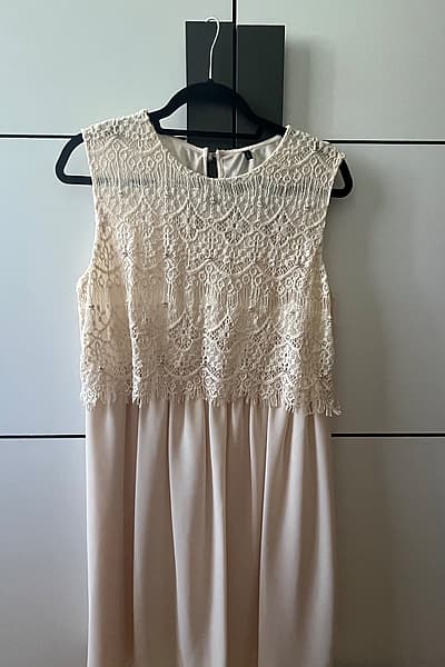 Cream Lace Overlay Dress with embroidered beads by United Colors of Benetton — pre-loved on Thrifted.mt