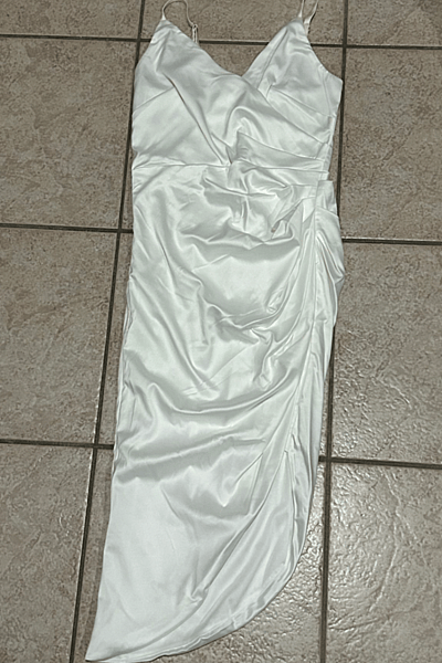 White Satin Ruched Midi Dress by Shei  — pre-loved on Thrifted.mt