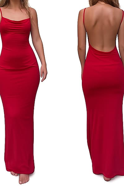Red Cowl-Neck Backless Maxi Dress — pre-loved on Thrifted.mt