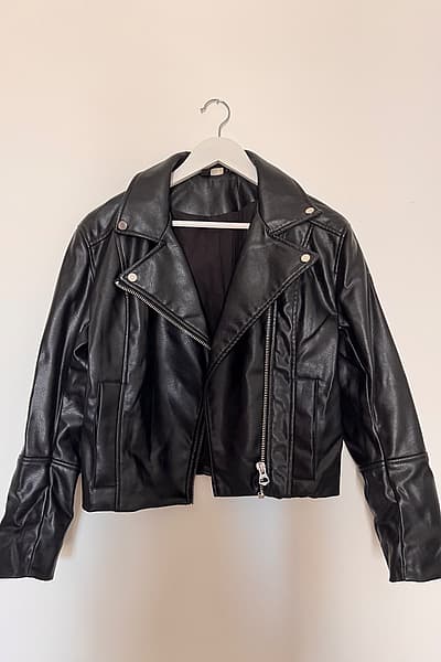 Black Faux Leather Biker Jacket by H&M DIVIDED — pre-loved on Thrifted.mt