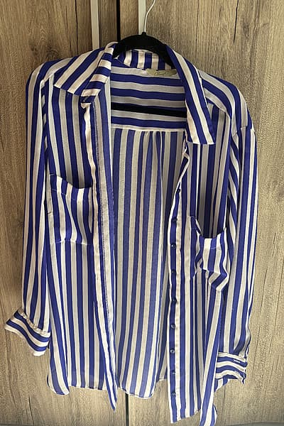 Striped Blue White Shirt Blouse by Penny C — pre-loved on Thrifted.mt