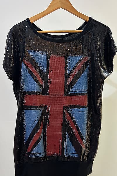 Sequinned Union Jack Graphic Top — pre-loved on Thrifted.mt