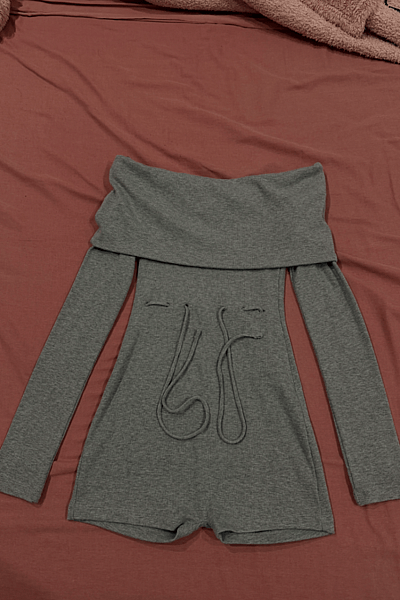 Grey Ribbed Off Shoulder Playsuit by BERSHKA  — pre-loved on Thrifted.mt