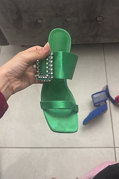 Green Satin Rhinestone Mule Heels — pre-loved on Thrifted.mt