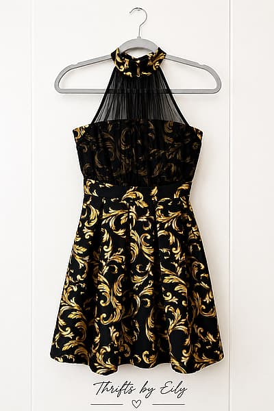 Black Gold Baroque Halter Dress by Nuna Lie — pre-loved on Thrifted.mt
