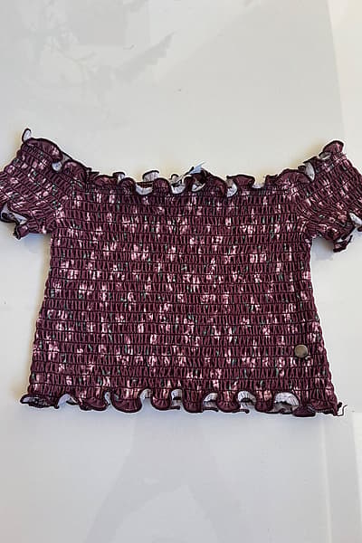 Burgundy Smocked Bardot Top by PULL&BEAR — pre-loved on Thrifted.mt