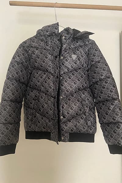 Guess Monogram Hooded Puffer Jacket by Guess — pre-loved on Thrifted.mt